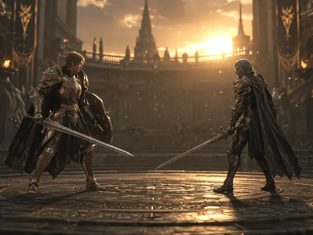 Medieval fantasy duel scene representing the server's competitive dynamic